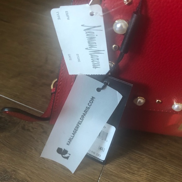 KARL LAGERFELD-NWT Red Leather Crossbody Handbag with Pearl Accents - Picture 14 of 16